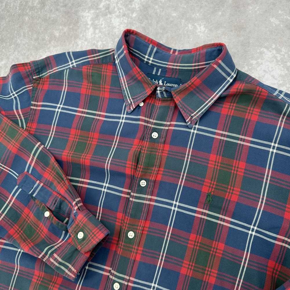 Ralph Lauren XXL Classic Fit Tartan Plaid Button Down Shirt Navy Red Green